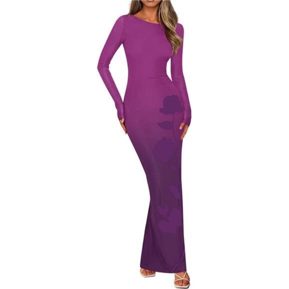 Bodycon Maxi Dress Long Sleeve Sexy Mesh Purple - Picture 1 of 6